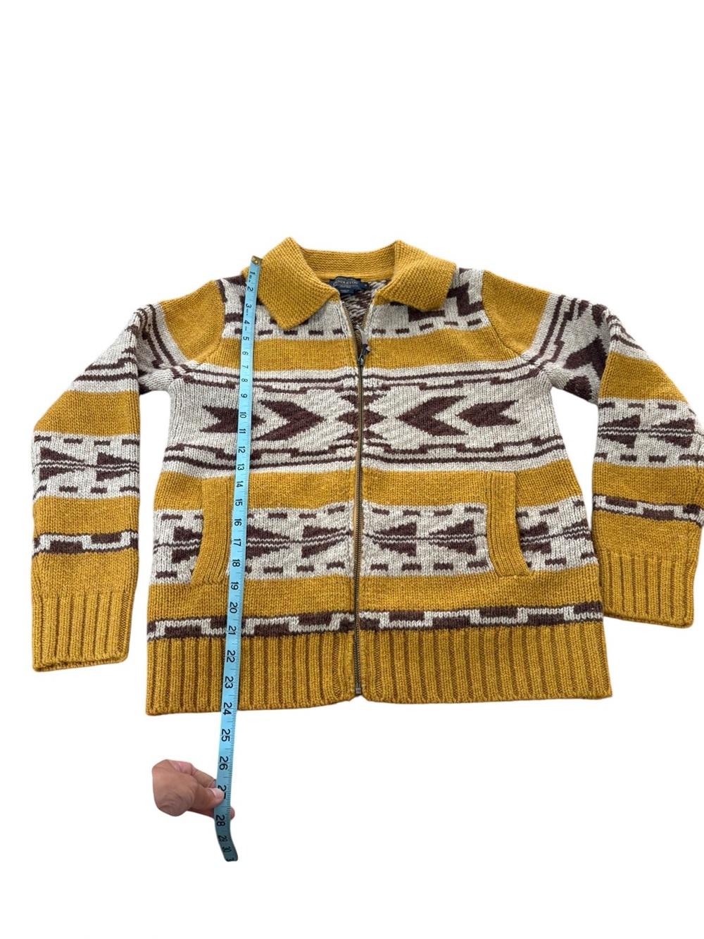 Pendleton Mustard Yellow, Cream & Brown Geometric Zip Cardigan - Picture 5 of 12